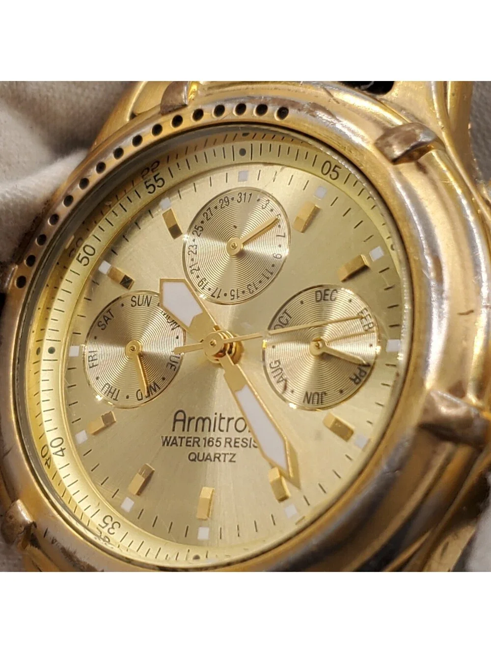 Armitron Multifunction Watch Men 37mm Gold Tone Rotating Bezel New Battery